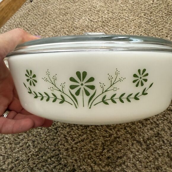 Vintage Glasbake Green Daisy Round 1 1/2 Qt Casserole Baking Dish USA with Lid - Picture 2 of 8